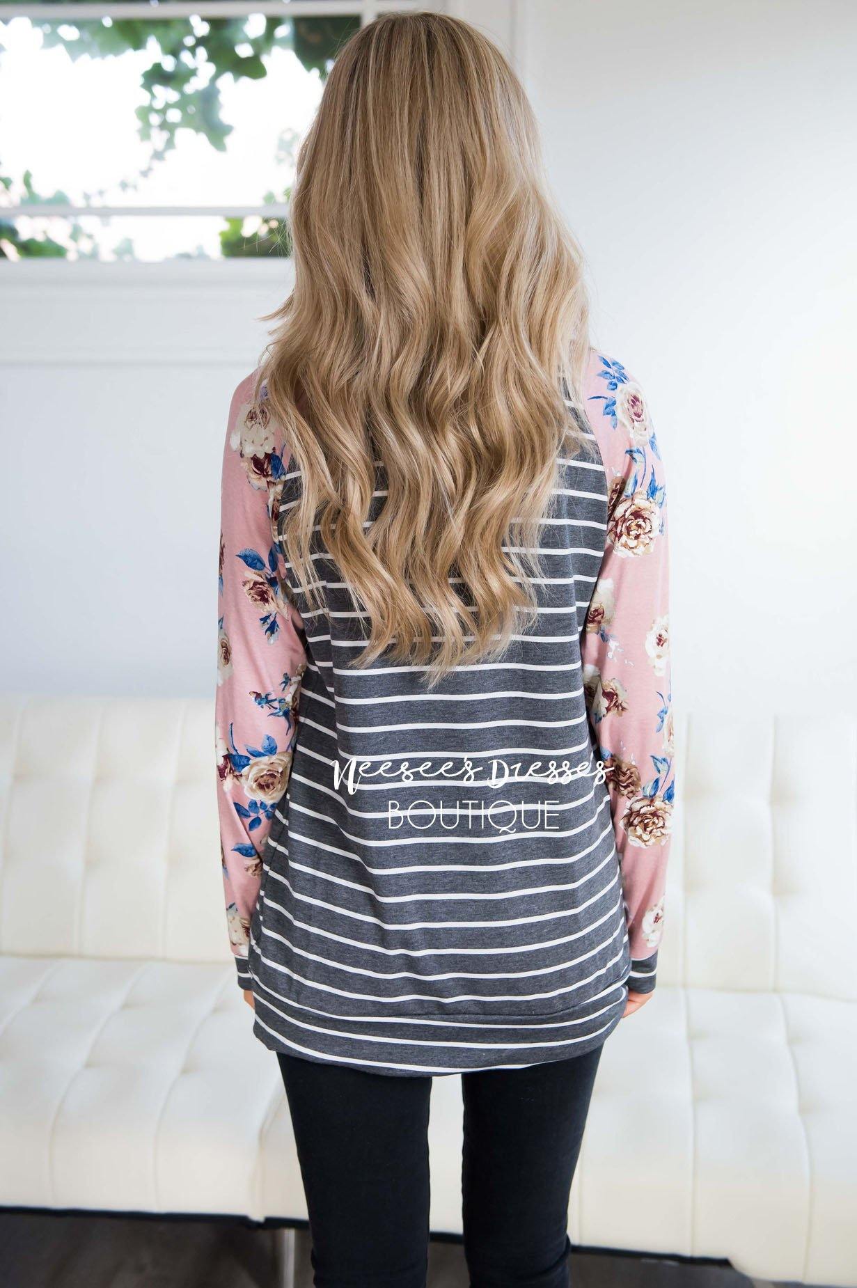 Floral Sleeve & Striped Top Tops vendor-unknown 