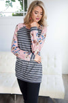 Floral Sleeve & Striped Top Tops vendor-unknown