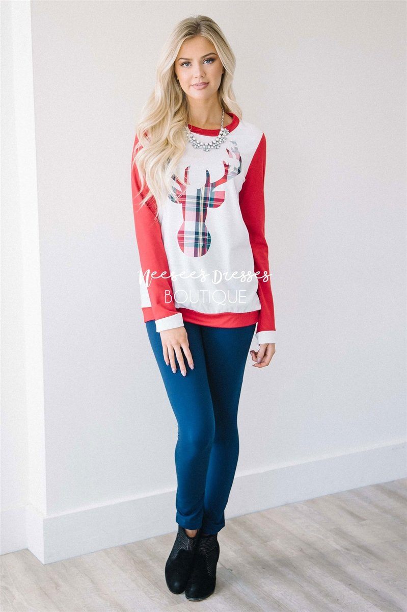 Red Sleeve Plaid Reindeer Sweater Tops vendor-unknown 
