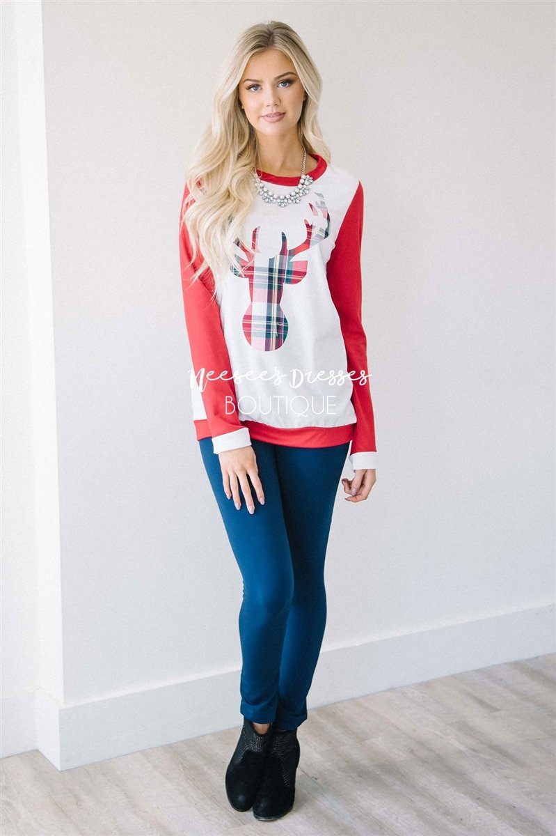 Red Sleeve Plaid Reindeer Sweater Tops vendor-unknown Red S 