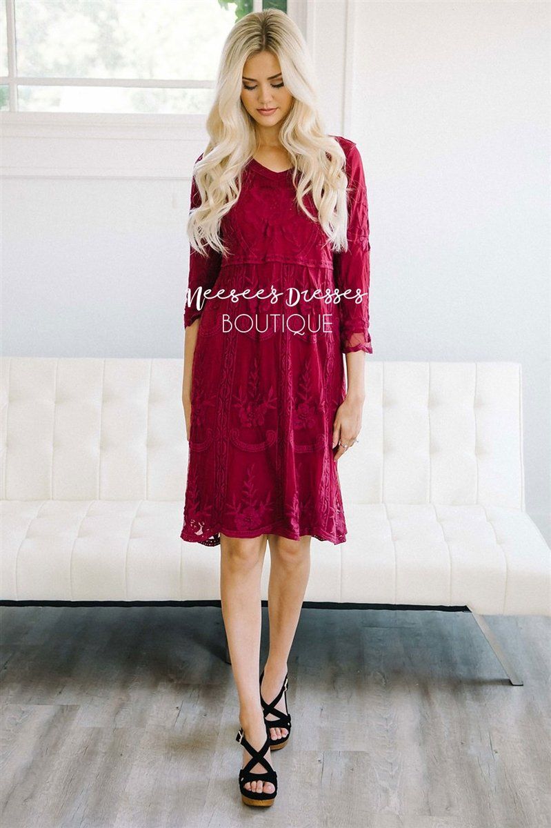 Day Dreamer Lace Dress in Burgundy Modest Dresses vendor-unknown 