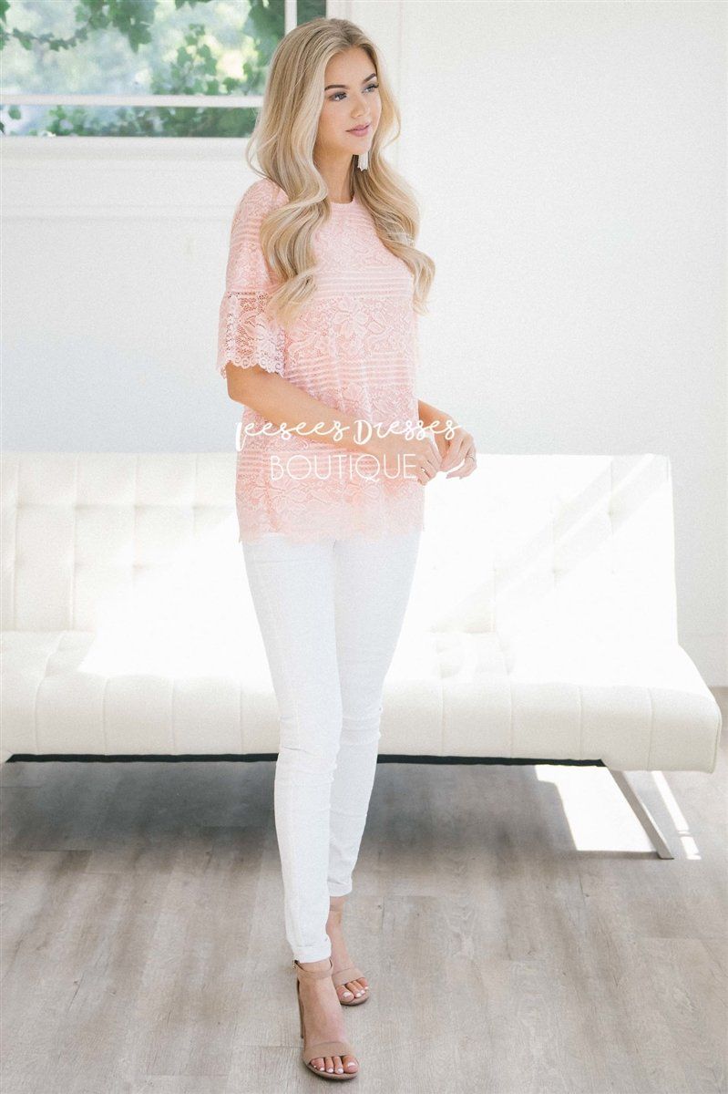 Lace Scalloped Bell Sleeve Top Tops vendor-unknown 