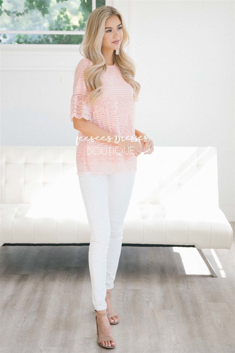 Lace Scalloped Bell Sleeve Top Tops vendor-unknown Blush Pink S 