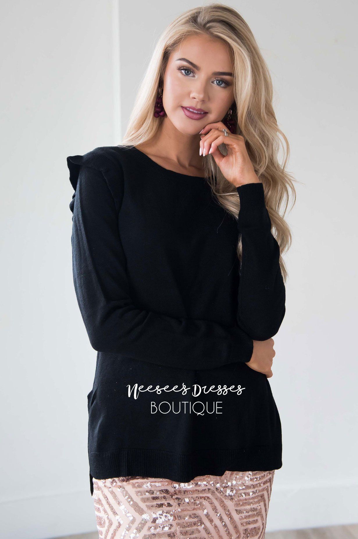 Black Ruffle Shoulder Sweater Tops vendor-unknown 