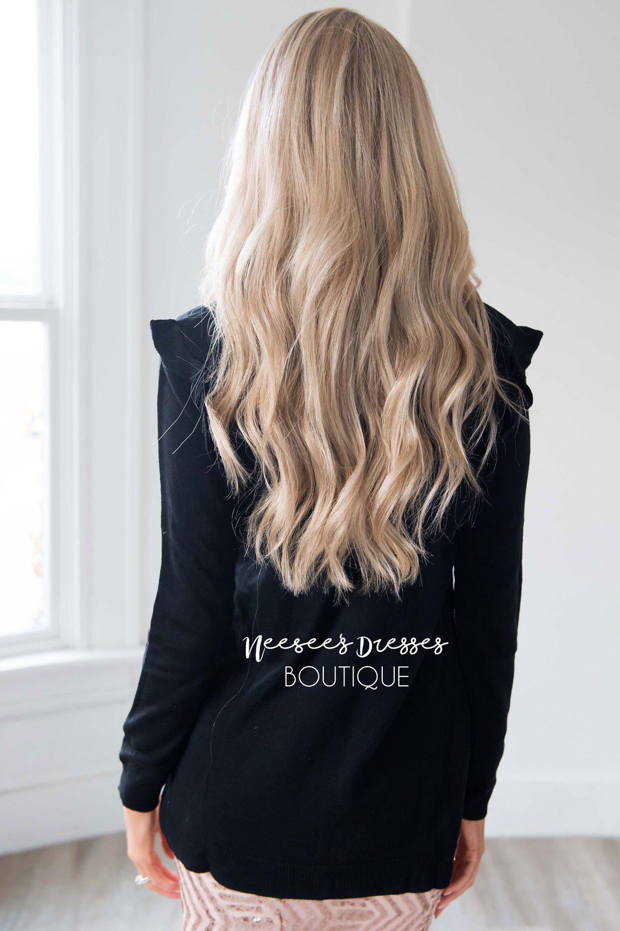 Black Ruffle Shoulder Sweater Tops vendor-unknown 