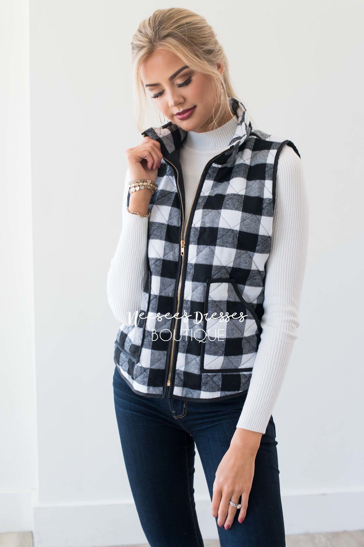 Black White Checkerboard Plaid Print Vest Sweater Autumn Winter V