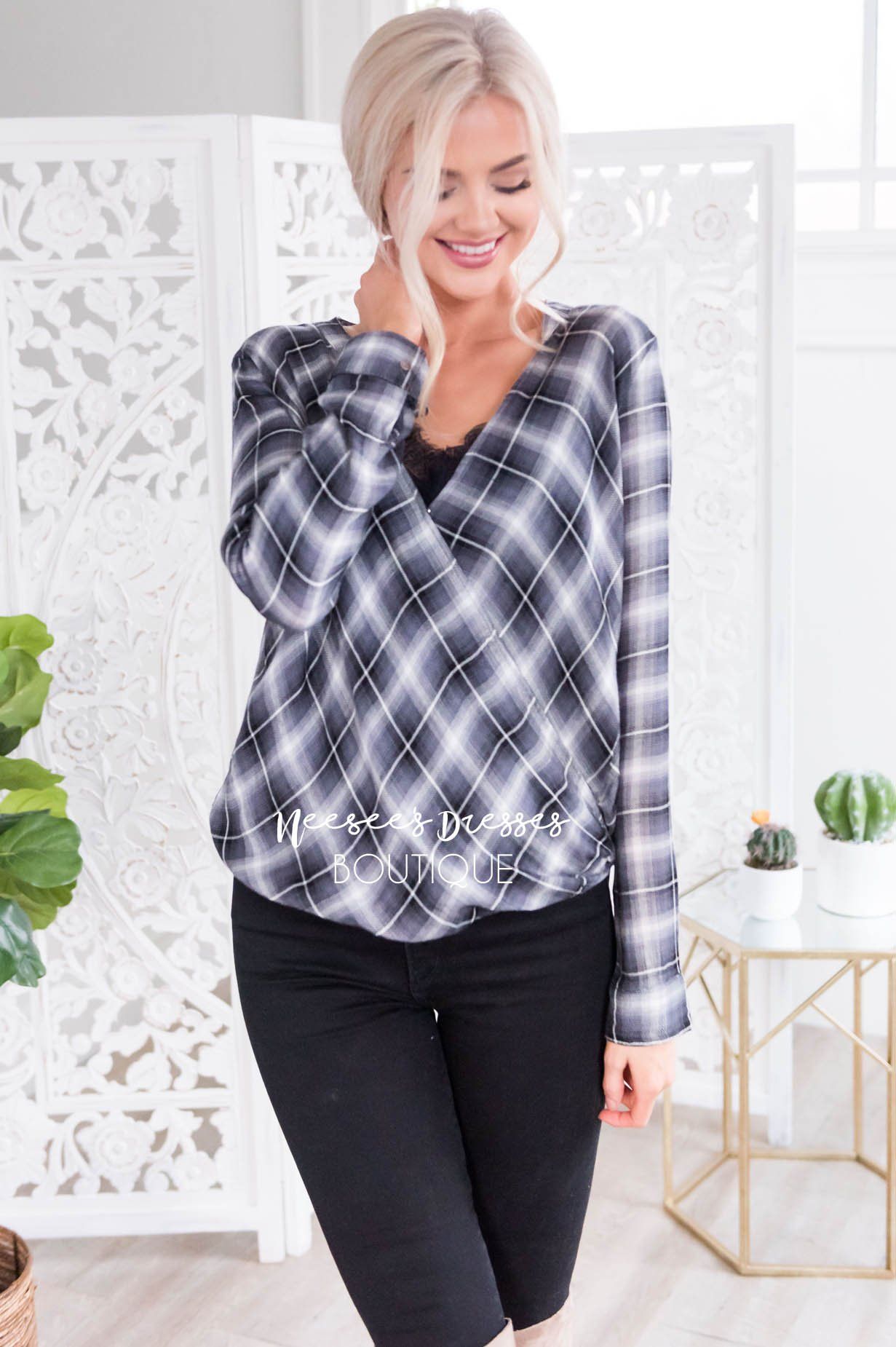 Pretty in Plaid Cross Front Top Modest Dresses vendor-unknown 