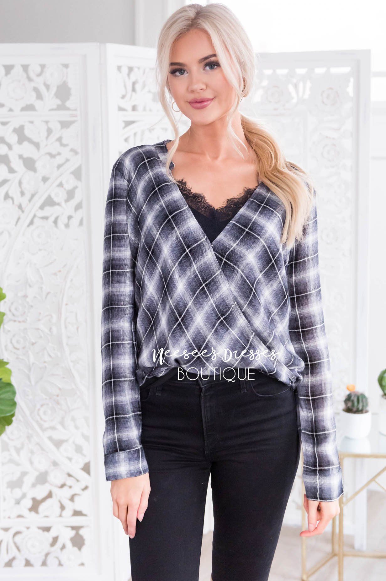Pretty in Plaid Cross Front Top Modest Dresses vendor-unknown 