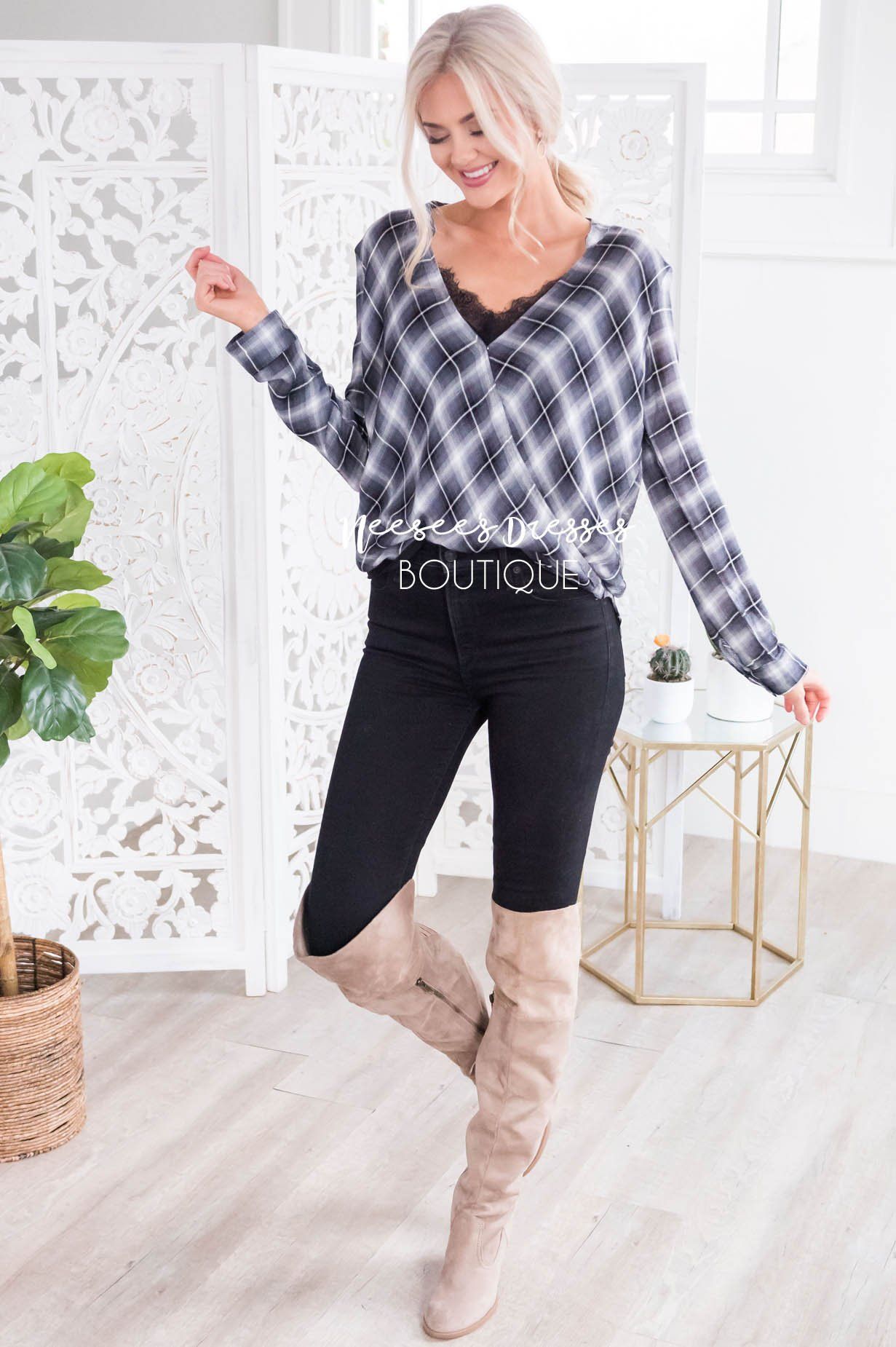 Pretty in Plaid Cross Front Top Modest Dresses vendor-unknown 