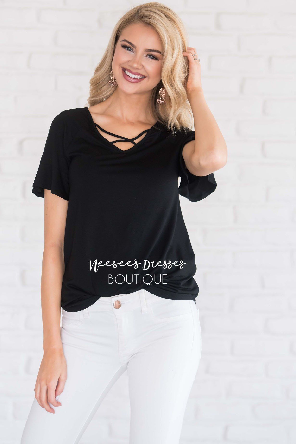 Criss Cross Flutter Sleeve Top Tops vendor-unknown 