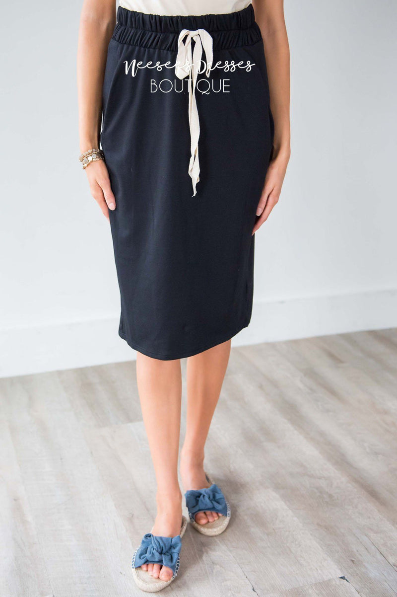 Black French Terry Drawstring Waist Skirt | Cute Modest Dresses