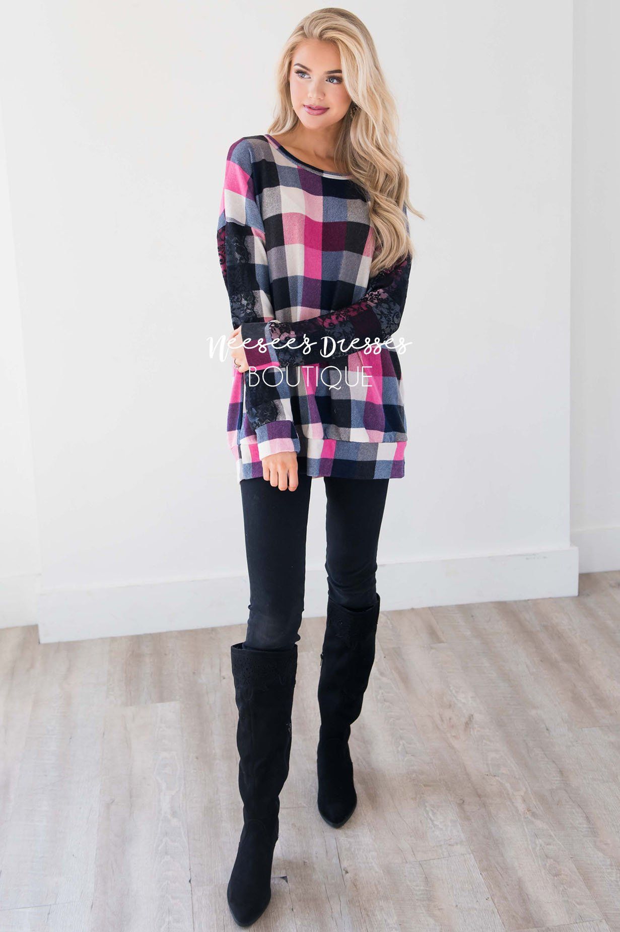 Bright Pink & Black Plaid Lace Sleeve Sweater Tops vendor-unknown 
