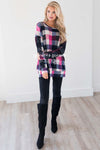 Bright Pink & Black Plaid Lace Sleeve Sweater Tops vendor-unknown