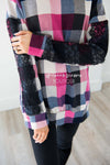 Bright Pink & Black Plaid Lace Sleeve Sweater Tops vendor-unknown