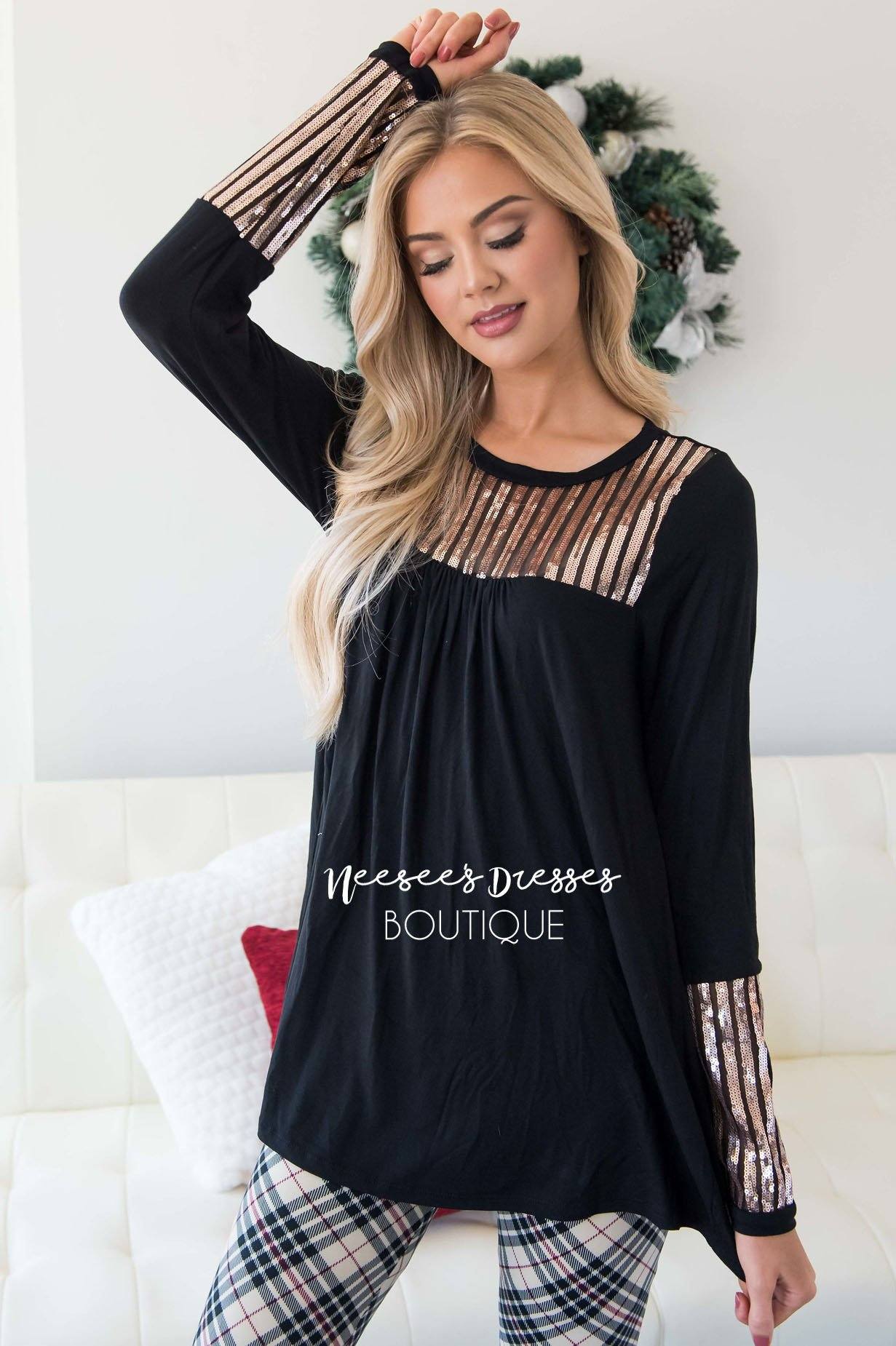 Sequin Striped Long Sleeve Top Tops vendor-unknown 