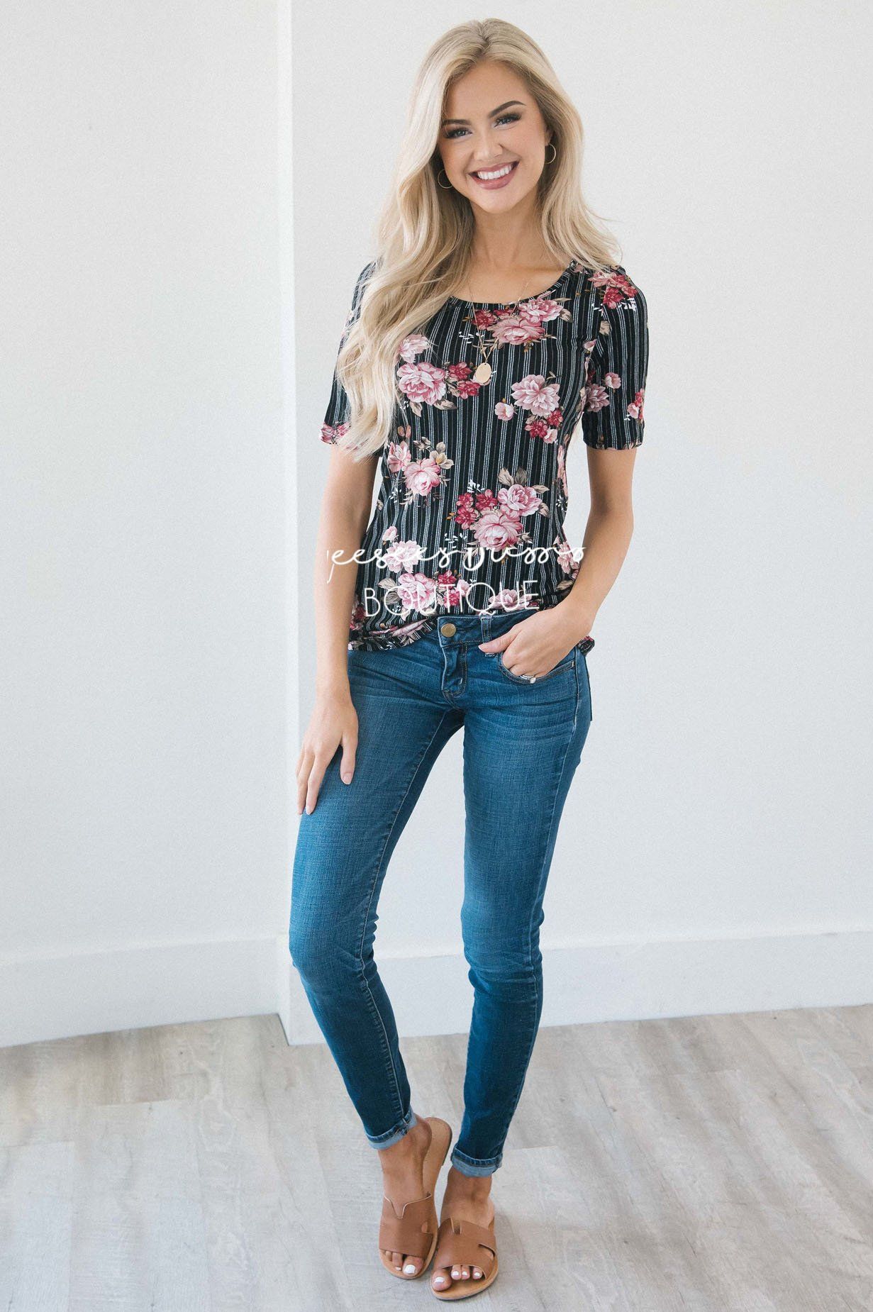 Black Pinstripe Floral Scoop Neck Top Tops vendor-unknown 