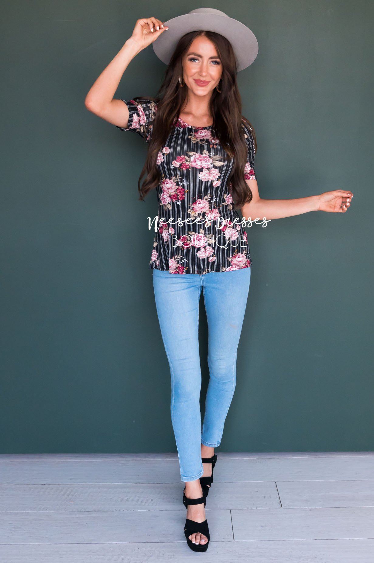 Pinstripe Floral Modest Top Tops vendor-unknown 