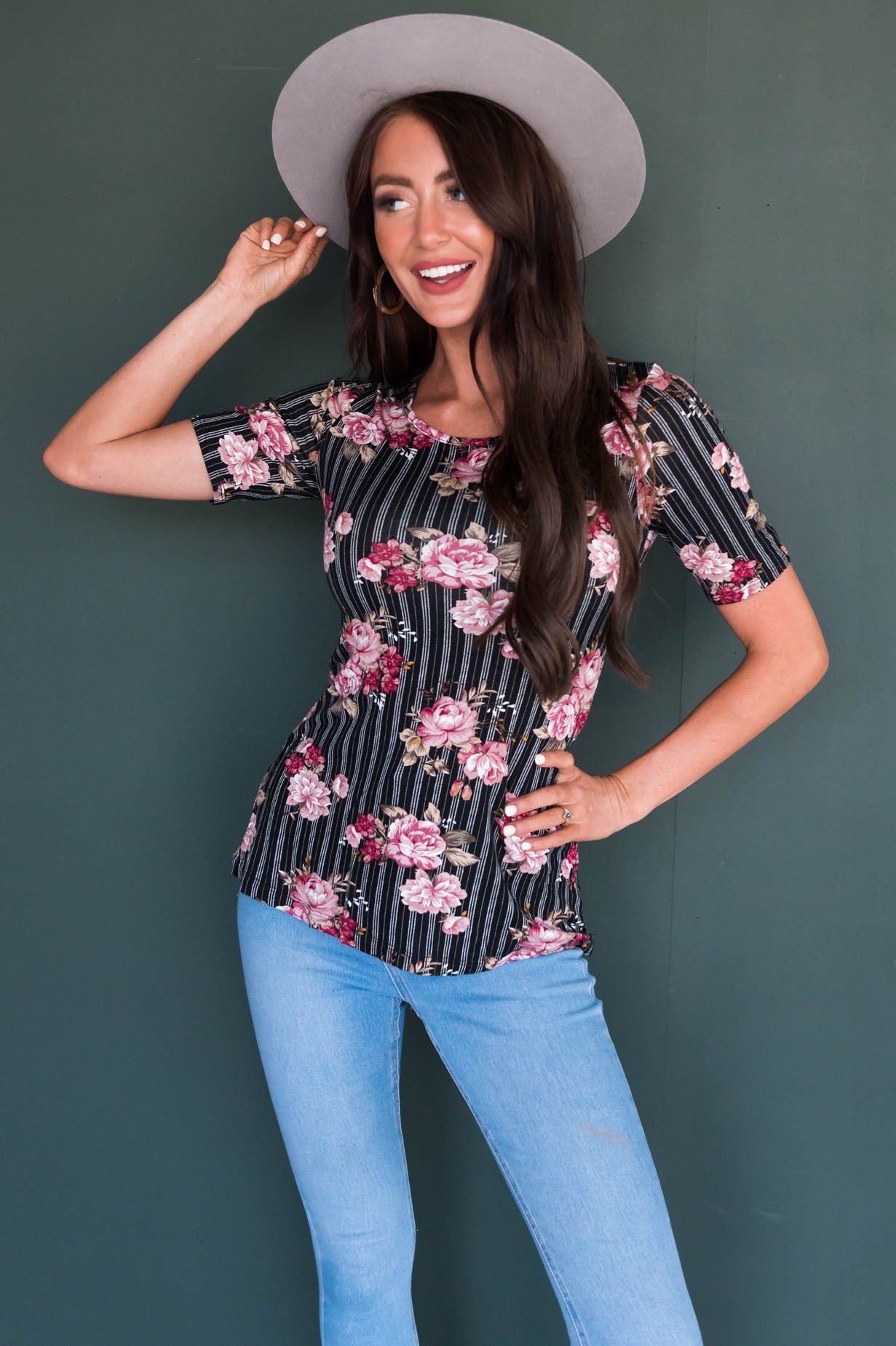 Pinstripe Floral Modest Top Tops vendor-unknown 