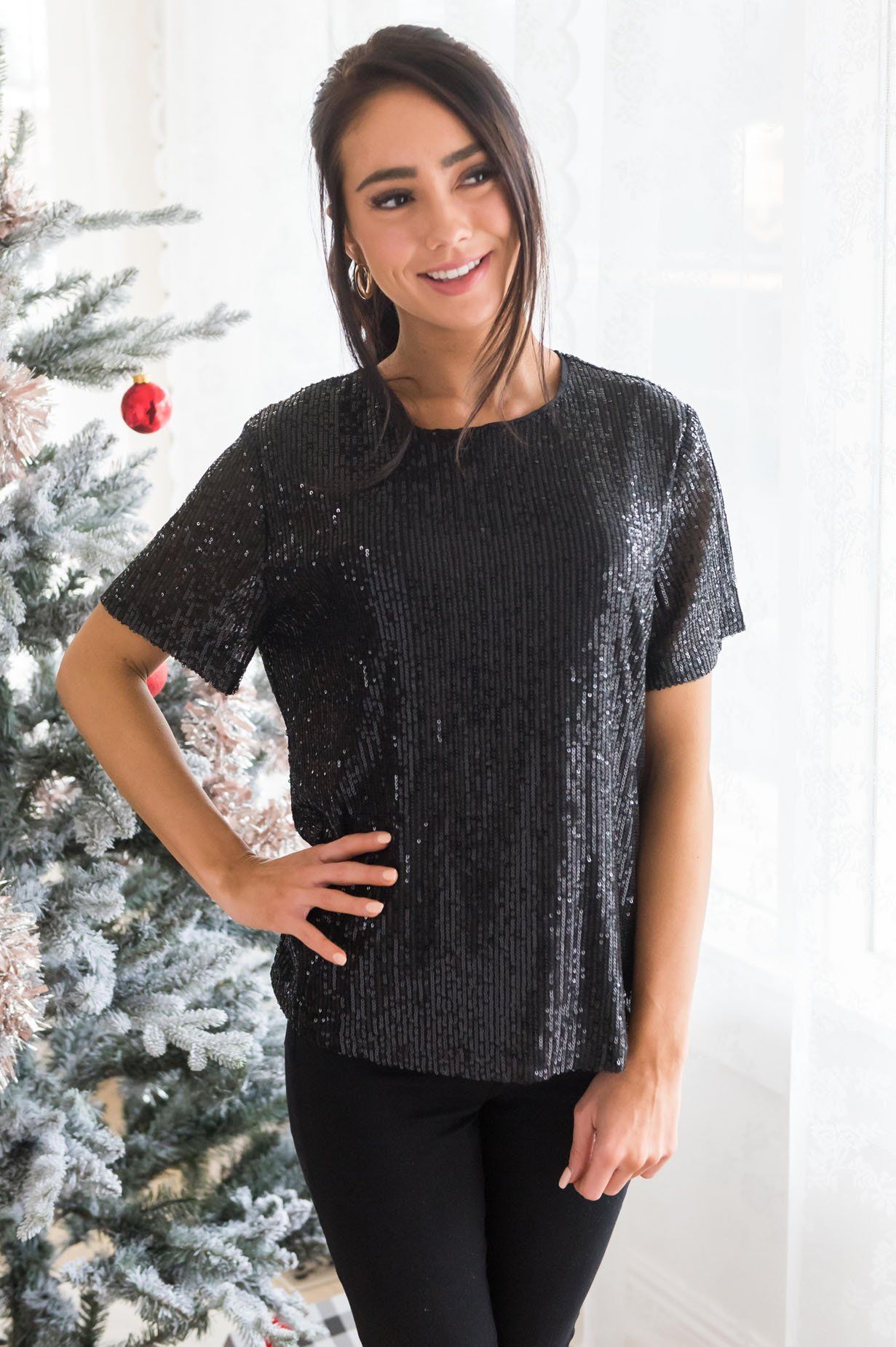 Love Actually Modest Sequin Blouse Tops vendor-unknown 