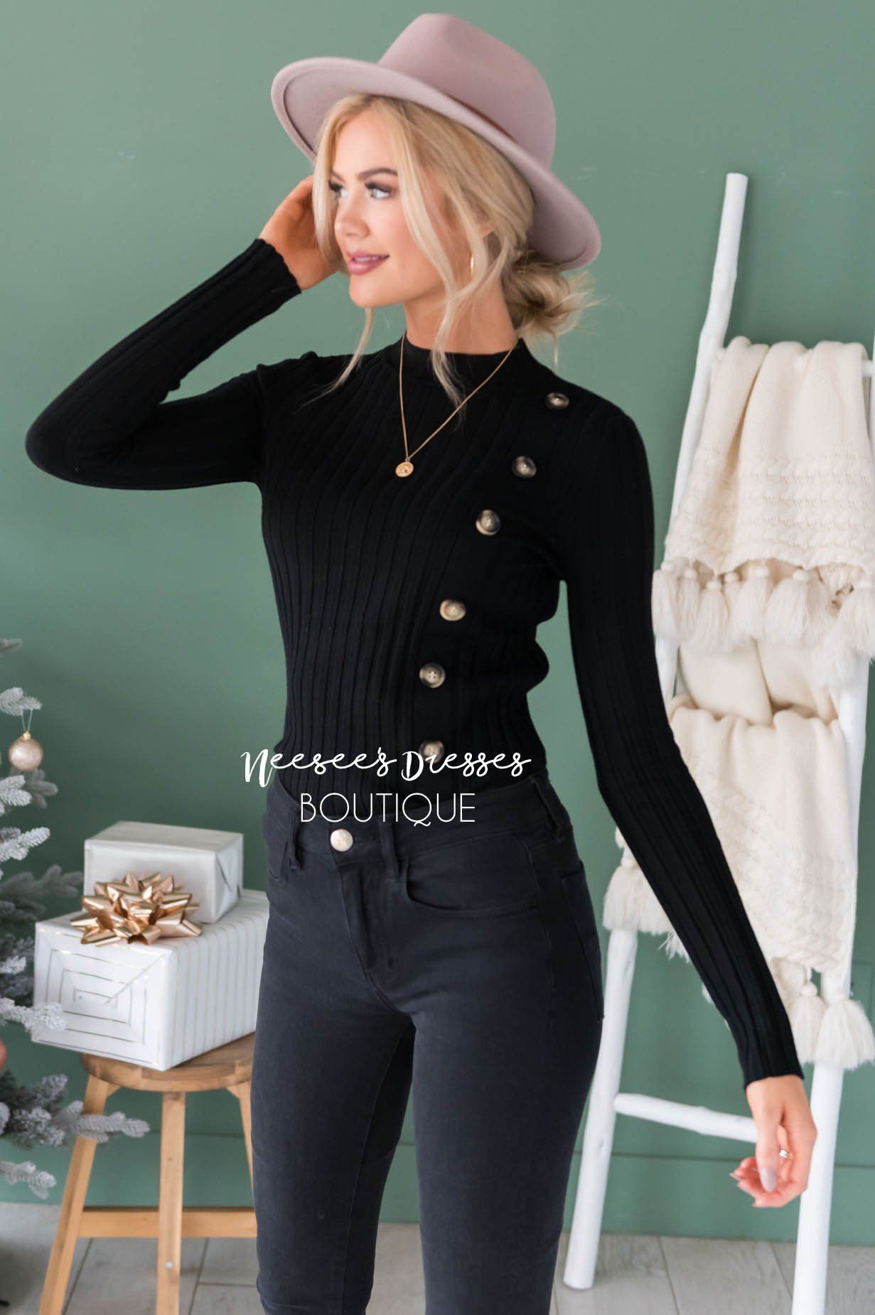 Button Up Ribbed Sweater Modest Dresses vendor-unknown 