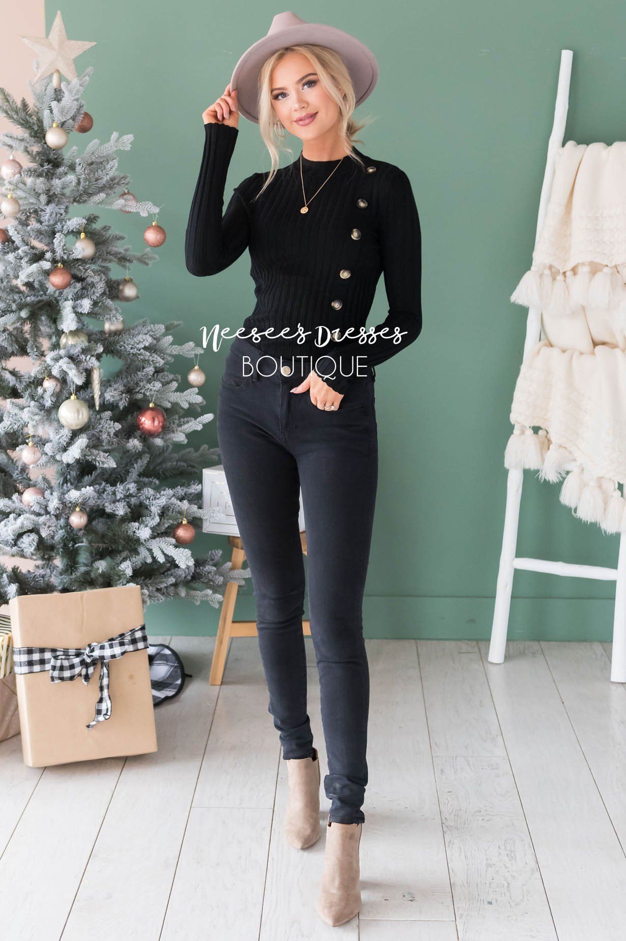 Button Up Ribbed Sweater Modest Dresses vendor-unknown 