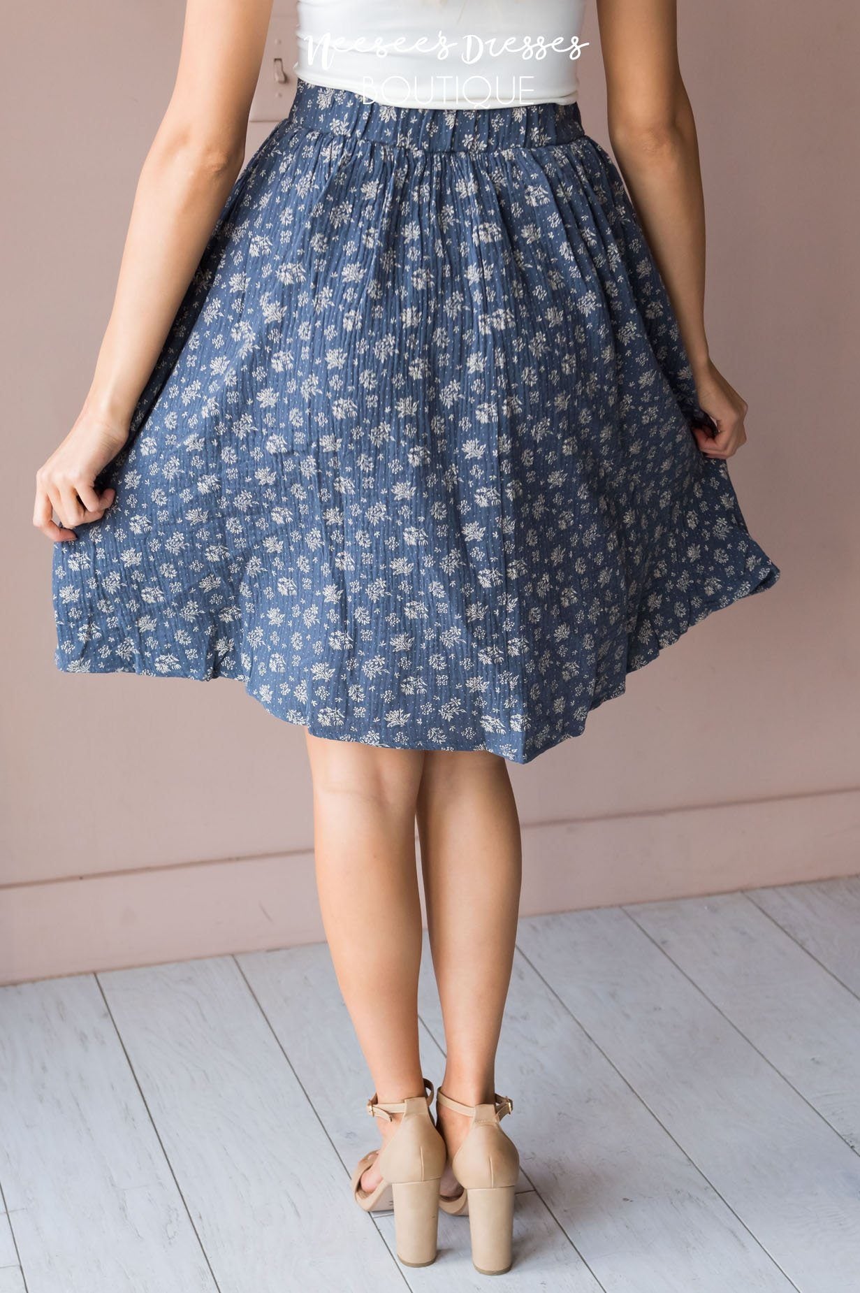 Slate Blue & Cream Modest Textured Skirt Skirts vendor-unknown 