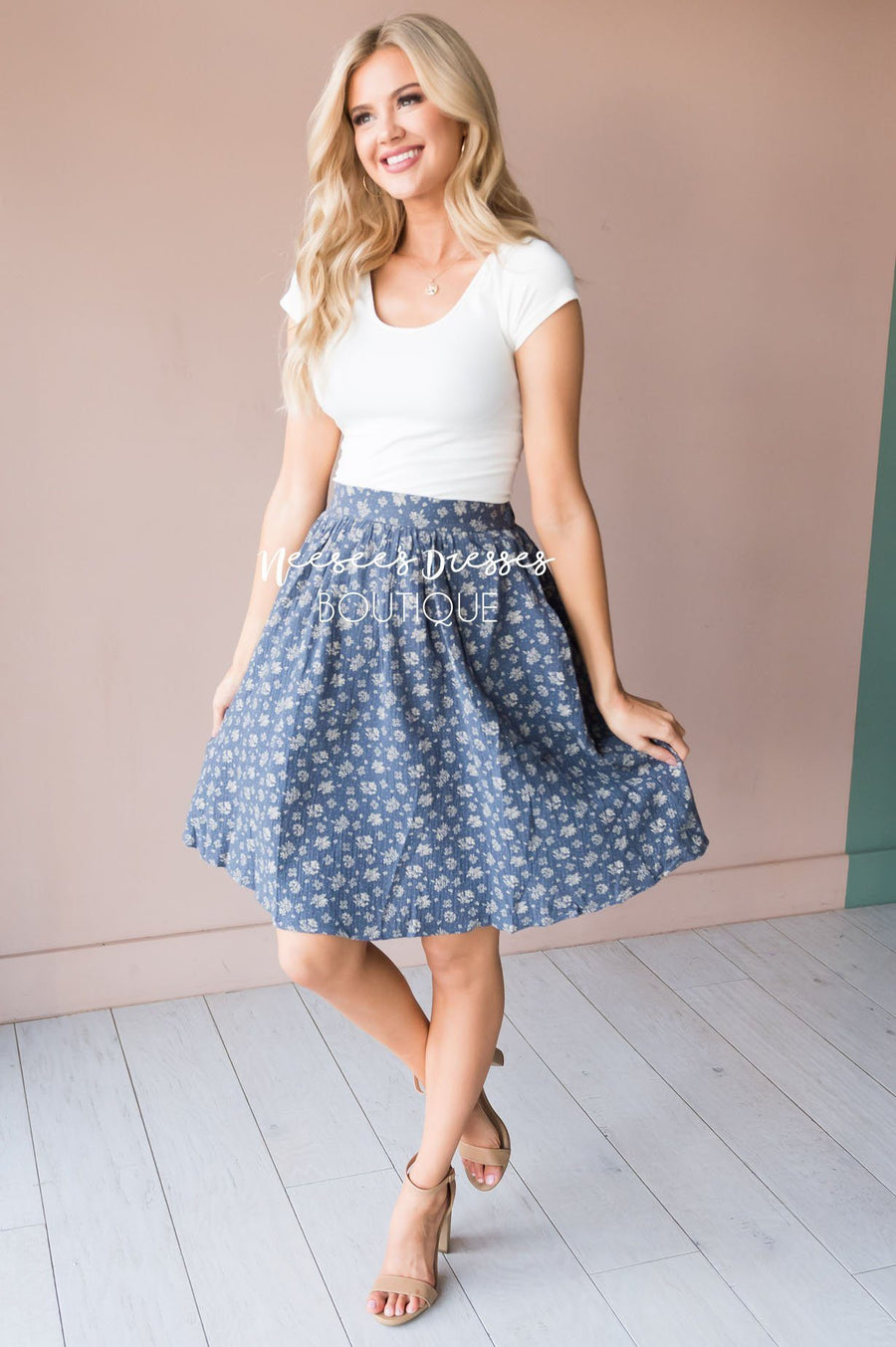 Slate Blue & Cream Modest Textured Skirt Skirts vendor-unknown 