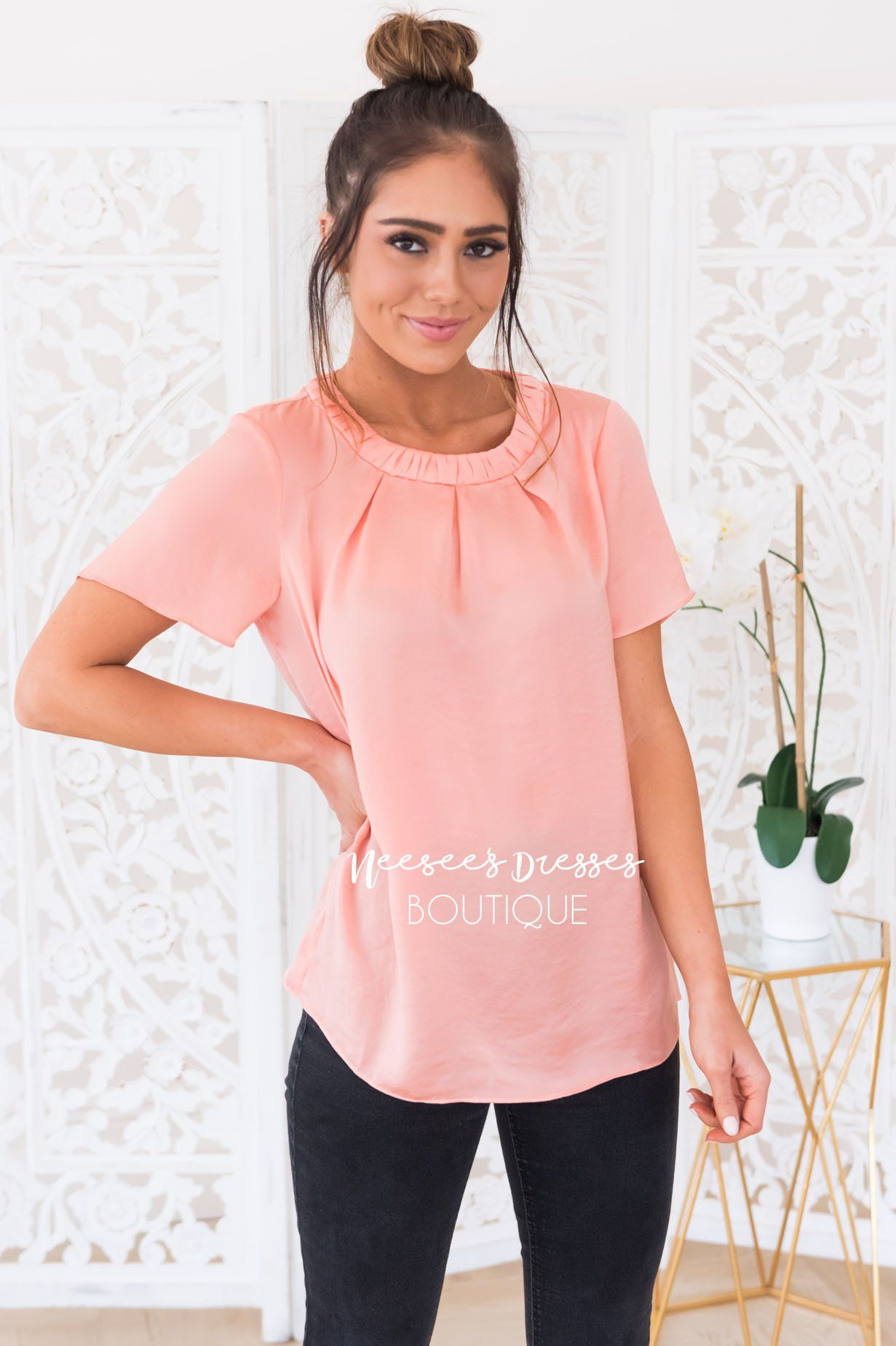 The Blooming Dahlia Modest Satin Blouse Tops vendor-unknown 