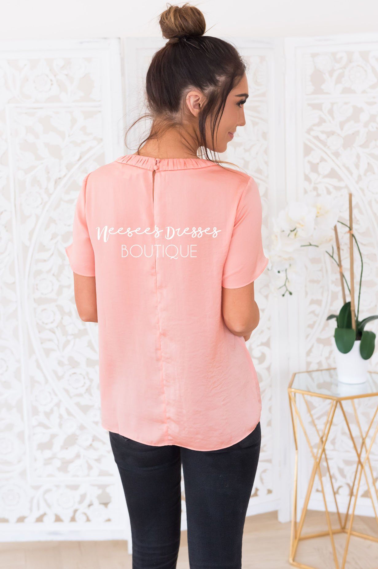 The Blooming Dahlia Modest Satin Blouse Tops vendor-unknown 