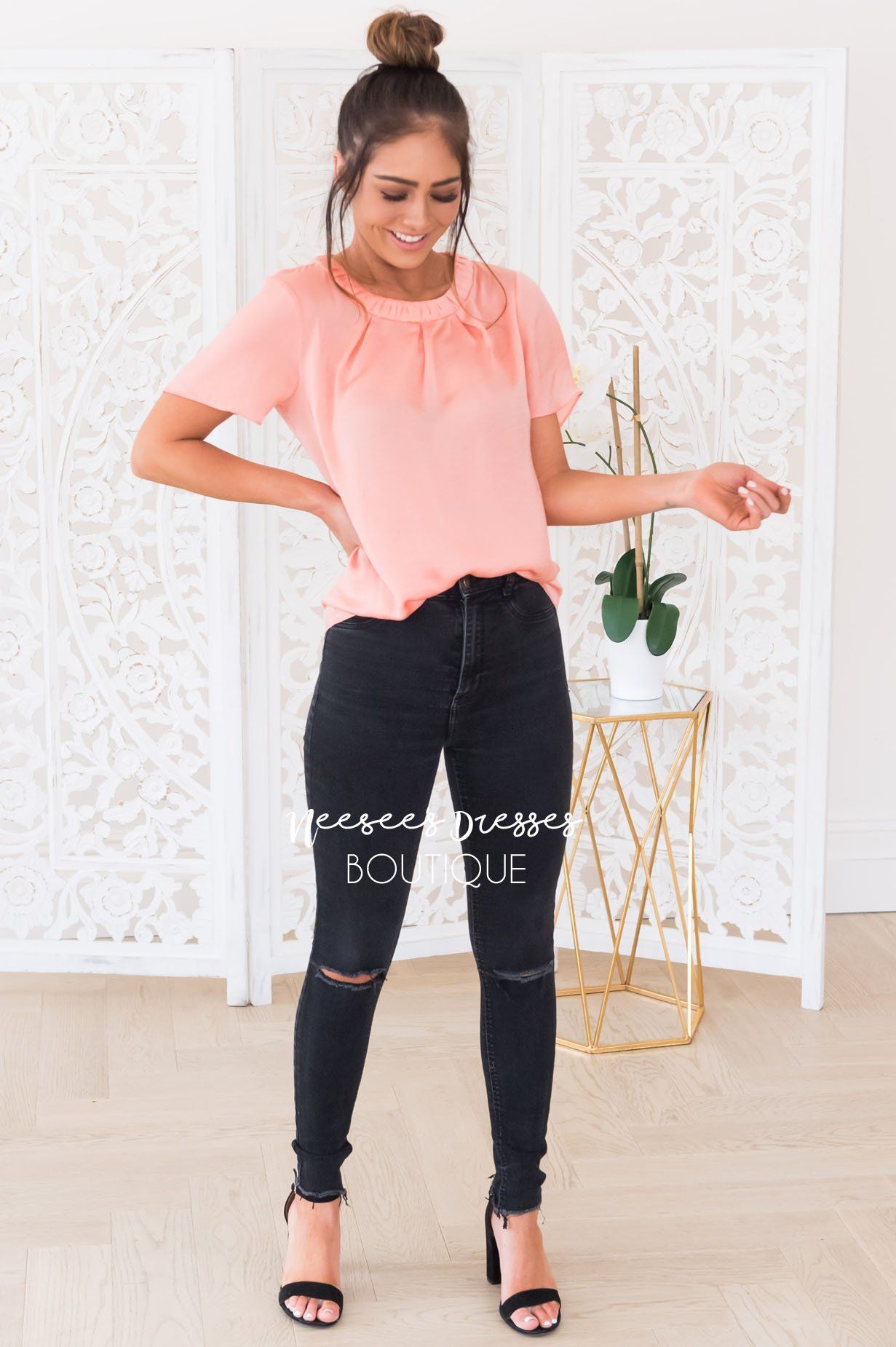 The Blooming Dahlia Modest Satin Blouse Tops vendor-unknown 