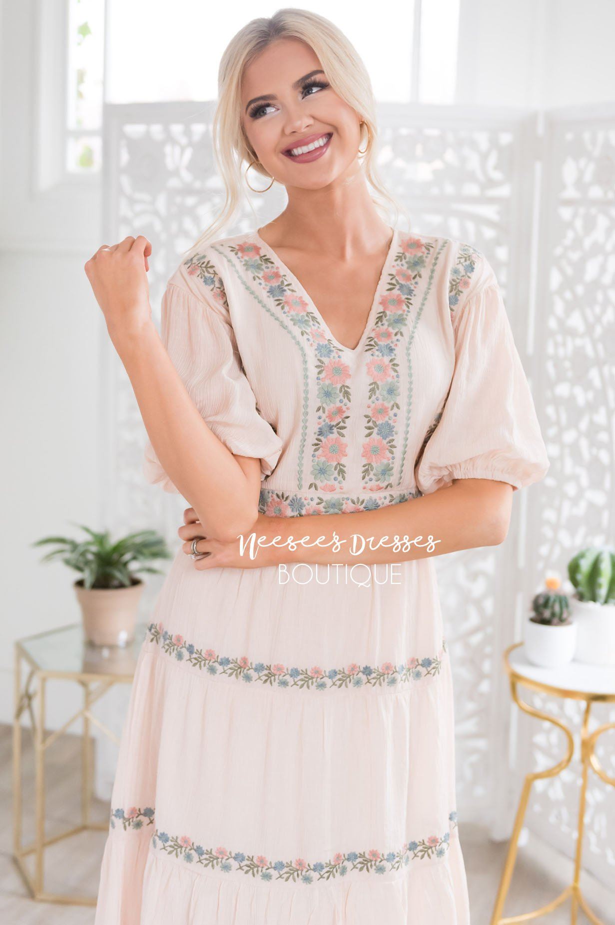 Taupe Floral Embroidered Dress Modest Dress for Bridesmaids Cute