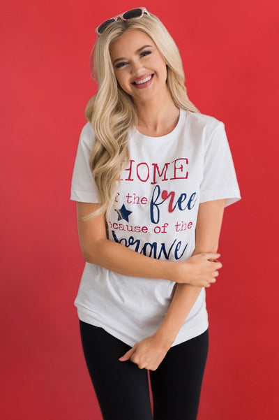 Home of the Free Because of the Brave Graphic Tee Modest Dresses vendor-unknown