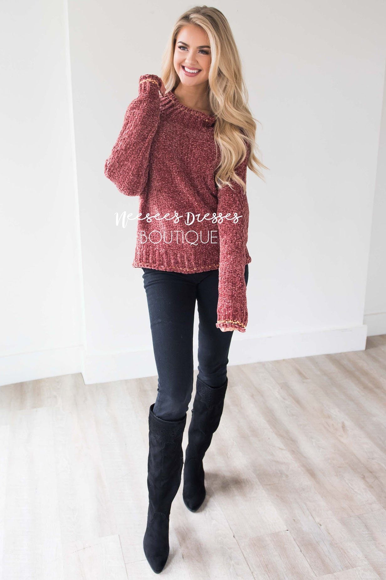 Soft Chenille Contrast Stitch Knit Sweater Tops vendor-unknown 