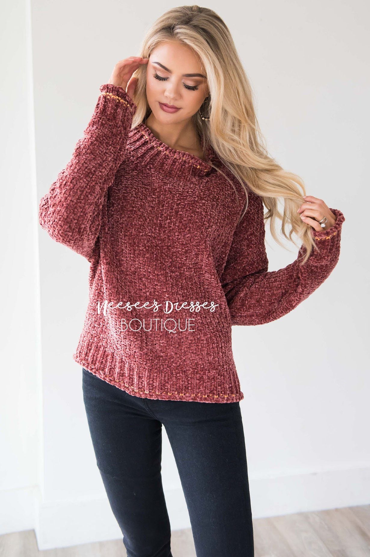 Soft Chenille Contrast Stitch Knit Sweater Tops vendor-unknown 