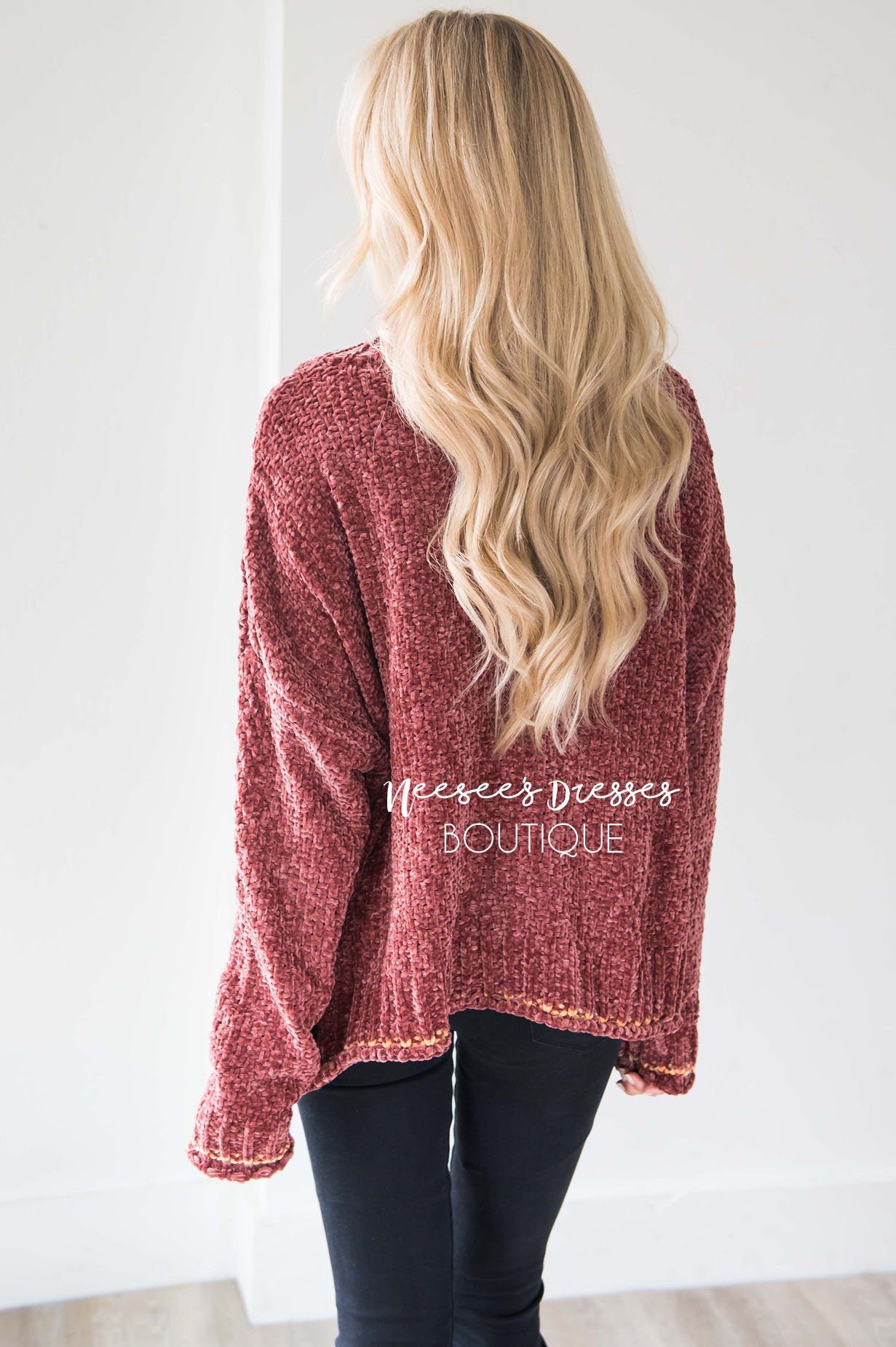 Soft Chenille Contrast Stitch Knit Sweater Tops vendor-unknown 
