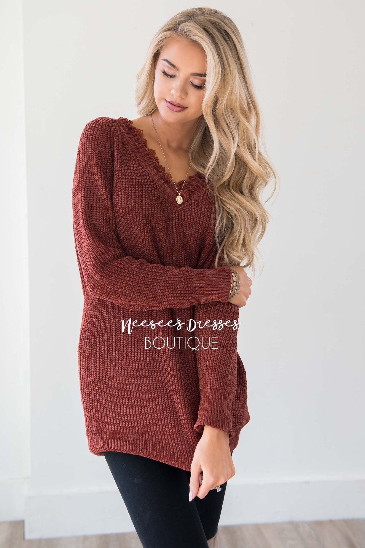 Chenille Knit V-Neck Lace Trim Sweater Tops vendor-unknown 