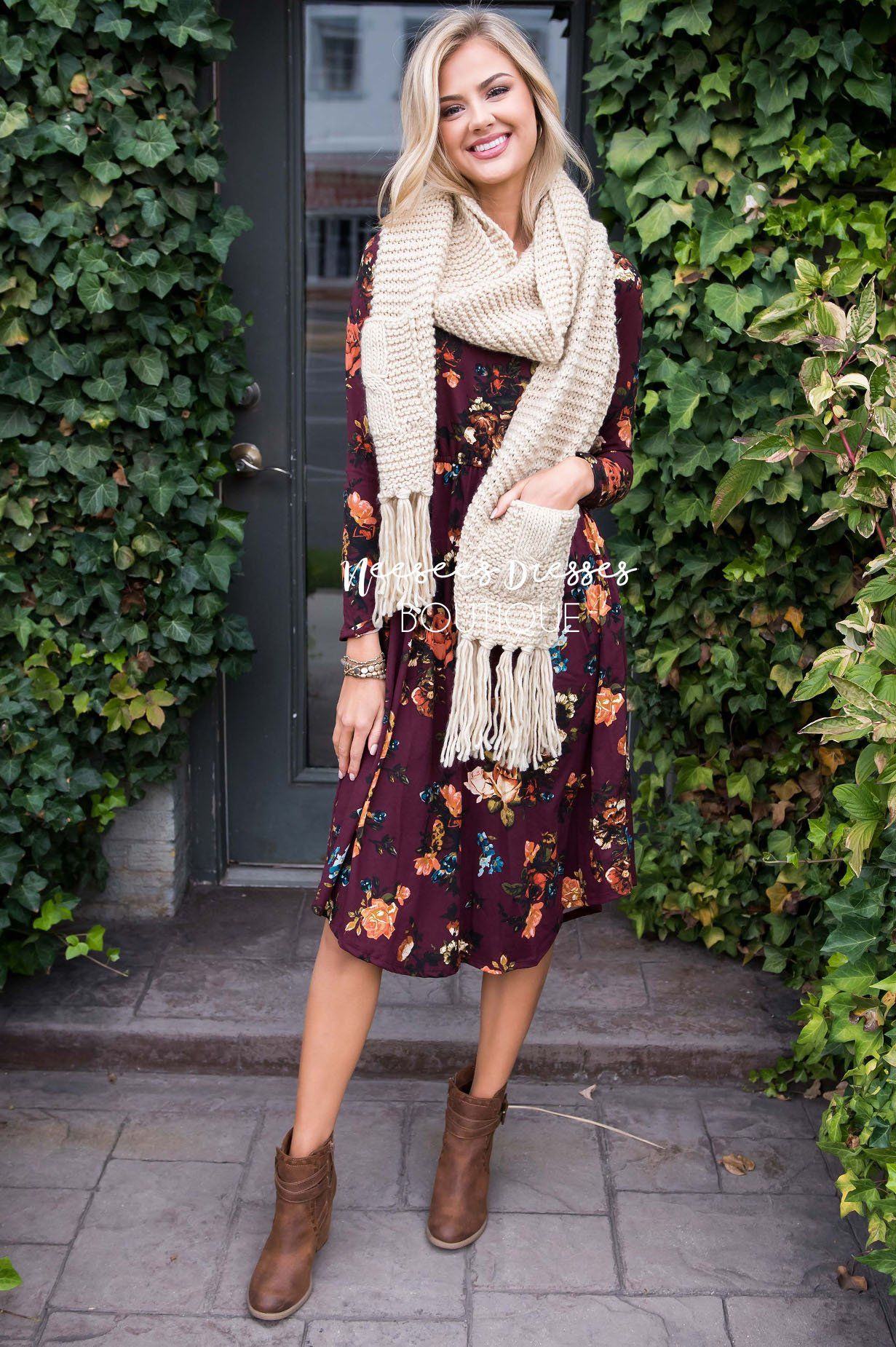 Burgundy In Bloom Long Sleeves Dress Modest Dresses vendor-unknown 