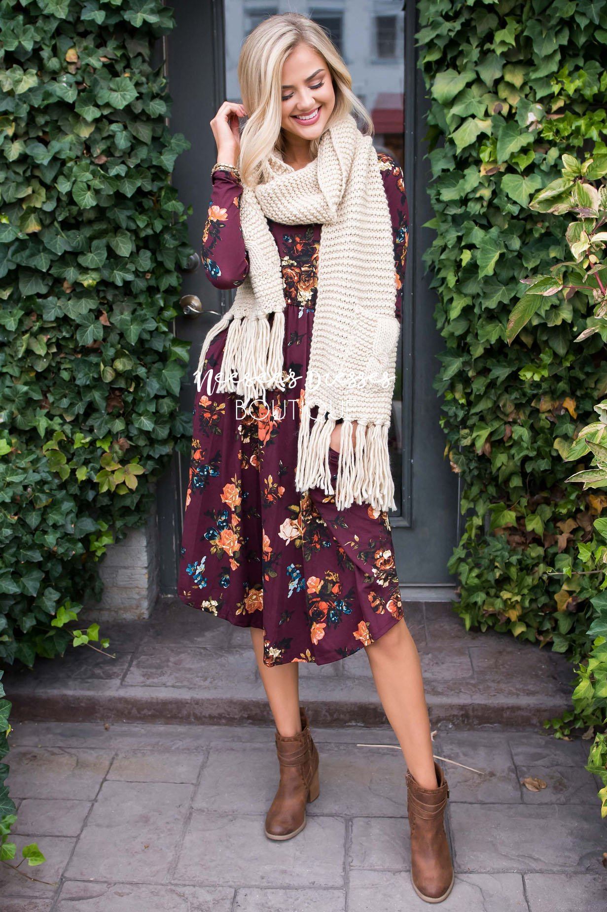 Burgundy In Bloom Long Sleeves Dress Modest Dresses vendor-unknown 