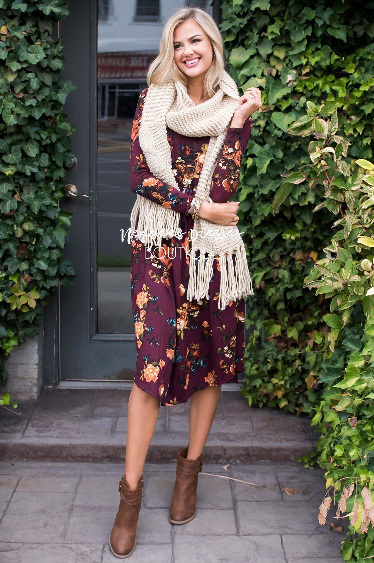 Burgundy In Bloom Long Sleeves Dress Modest Dresses vendor-unknown 