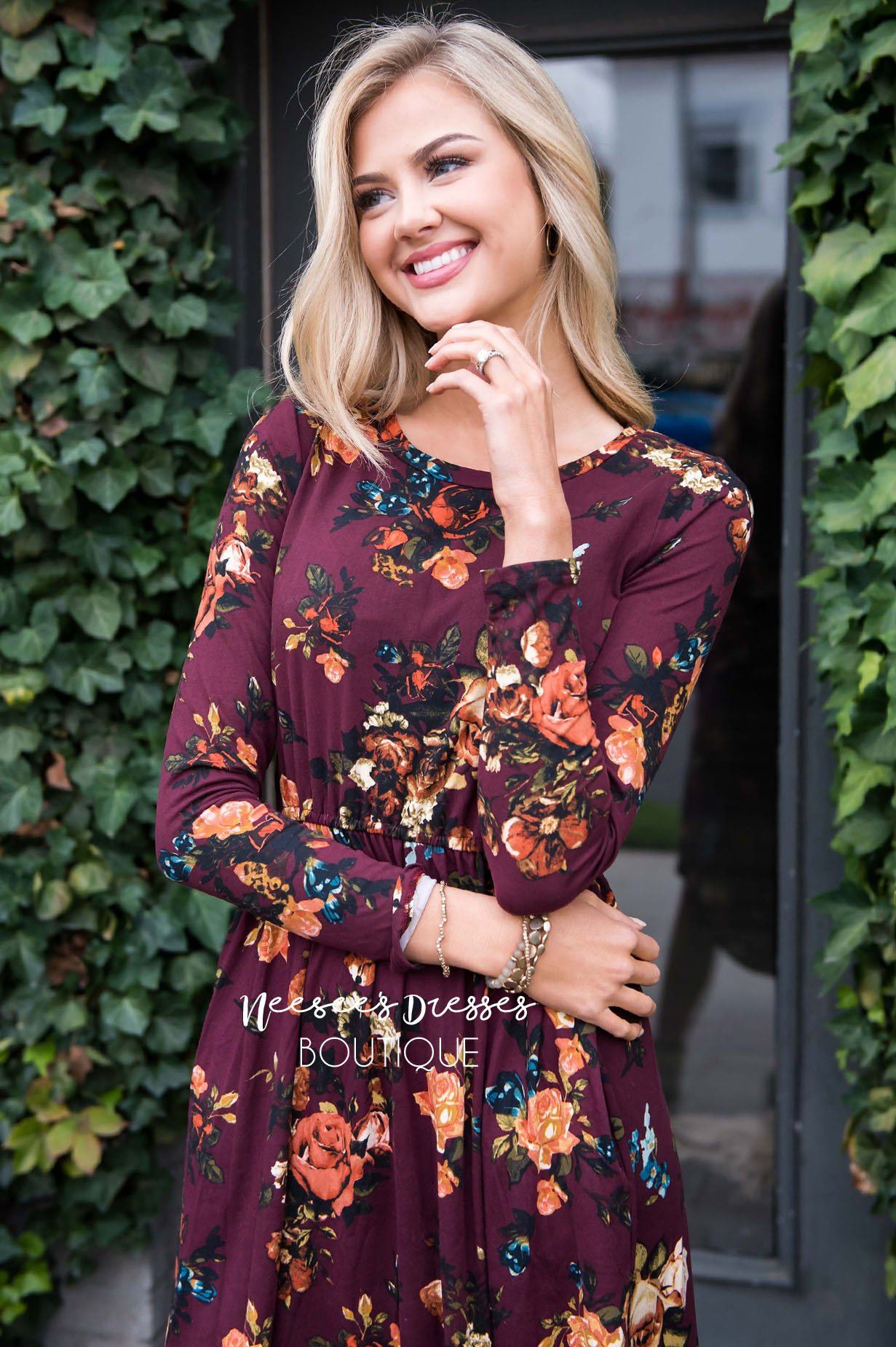 Burgundy In Bloom Long Sleeves Dress Modest Dresses vendor-unknown 