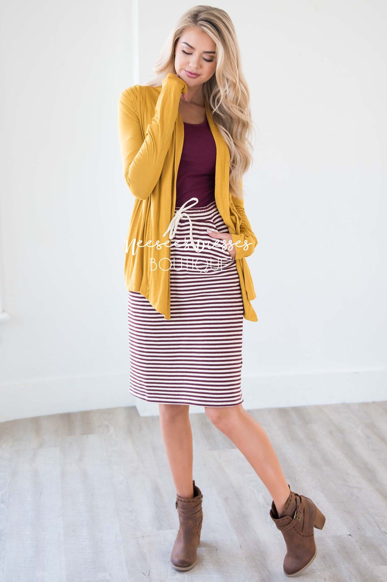 Burgundy Striped Skirt With Tie Waist Skirts vendor-unknown 