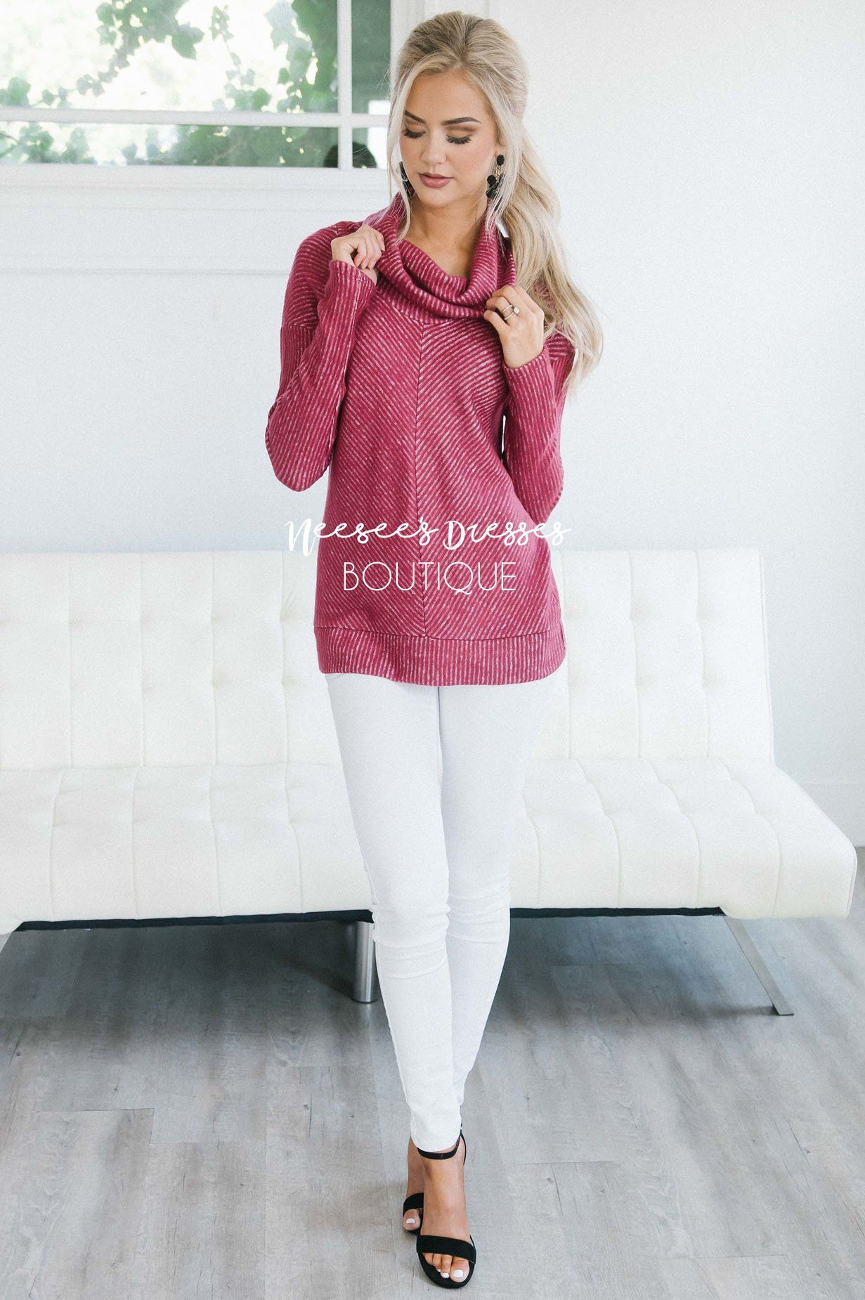 Textured Burgundy Cowl Neck Sweater Tops vendor-unknown 