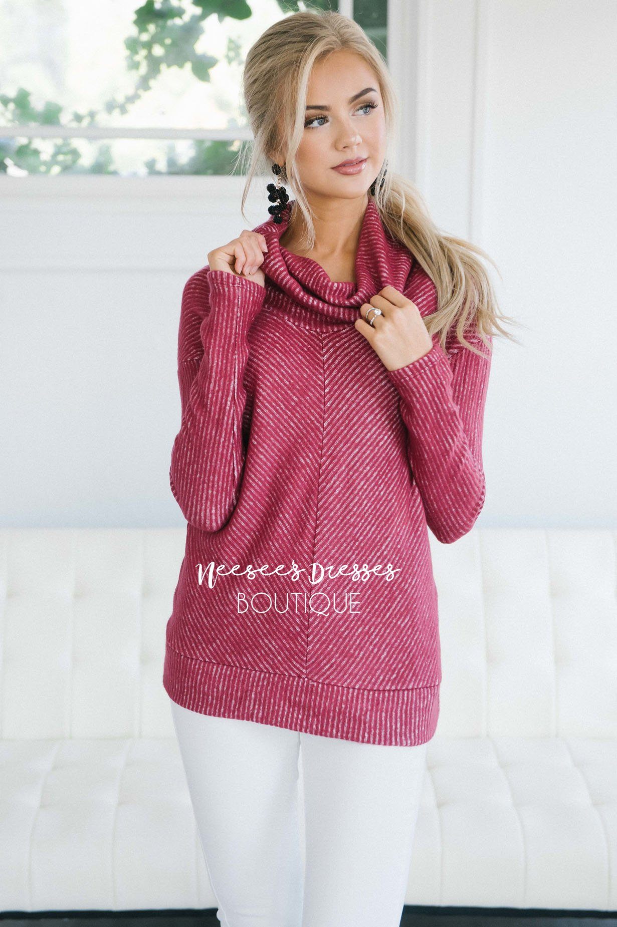Textured Burgundy Cowl Neck Sweater Tops vendor-unknown 