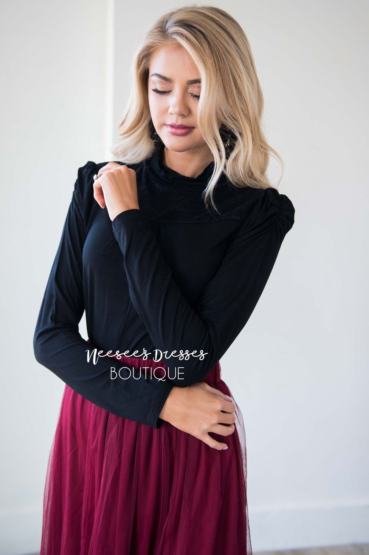Turtle Neck Lace Yoke Long Sleeve Top Tops vendor-unknown 