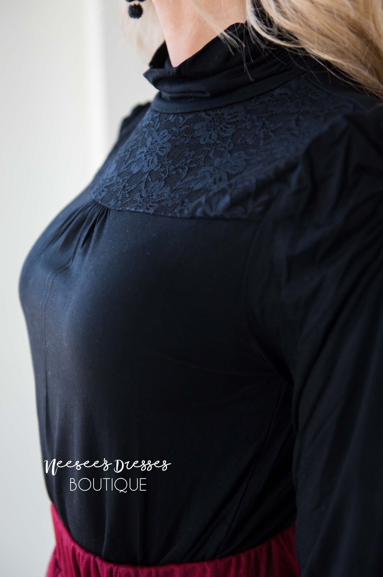 Turtle Neck Lace Yoke Long Sleeve Top Tops vendor-unknown 