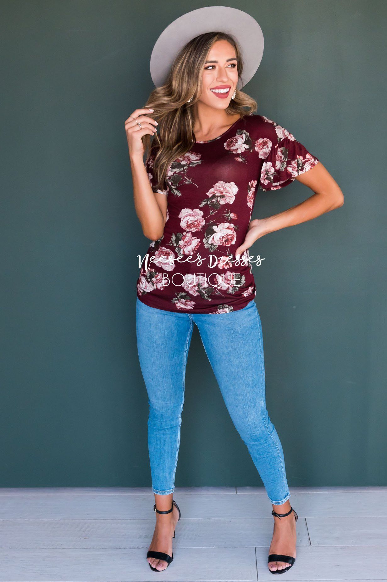 Burgundy Floral Modest Ruffle Sleeve Top Tops vendor-unknown 
