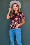 Burgundy Floral Modest Ruffle Sleeve Top Tops vendor-unknown