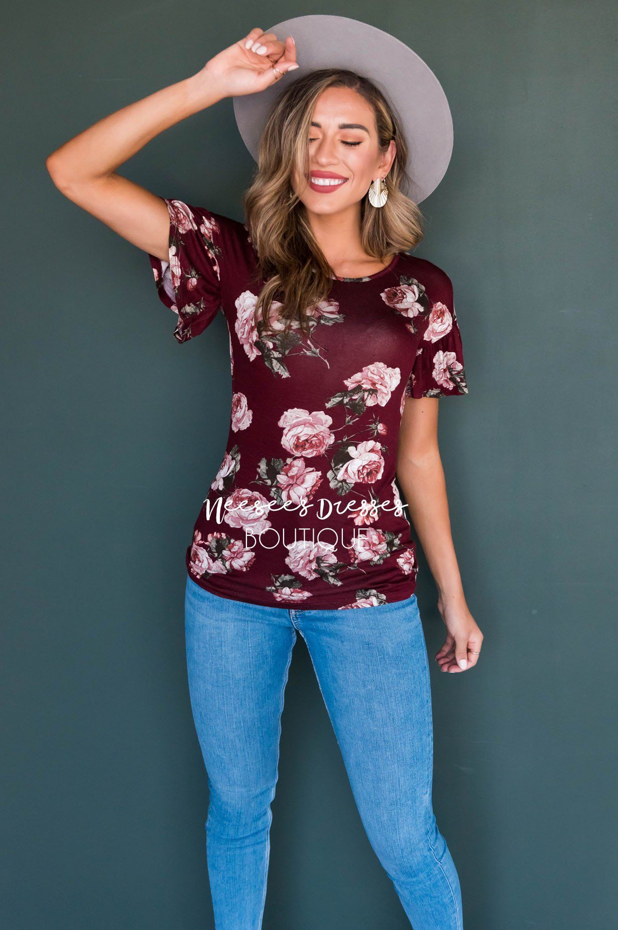 Burgundy Floral Modest Ruffle Sleeve Top Tops vendor-unknown 