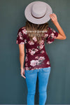 Burgundy Floral Modest Ruffle Sleeve Top Tops vendor-unknown
