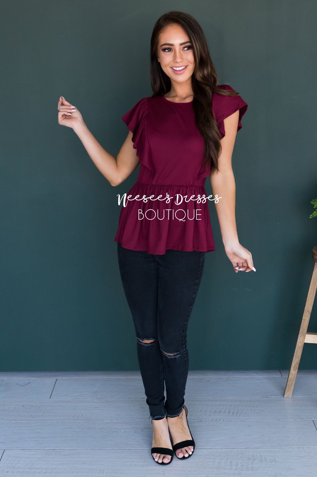 Carefree Modest Ruffle Peplum Blouse Tops vendor-unknown 